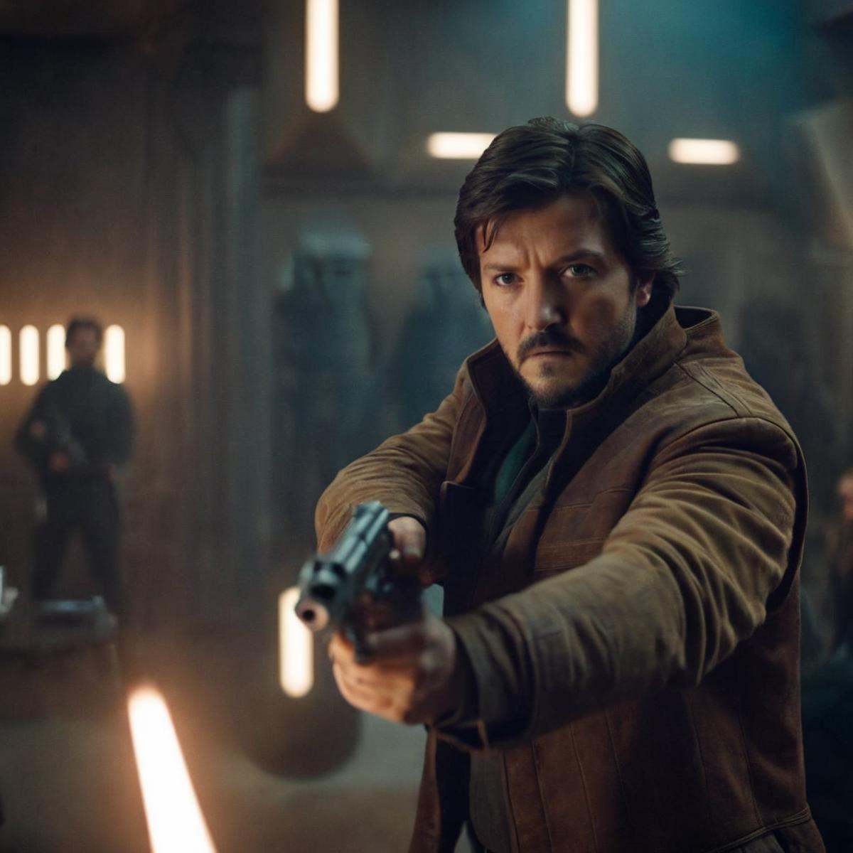 cinematic film still of Cassian Andor a man aiming a gun in a room with perfect hands In Star Wars Universe,  shallow dept...