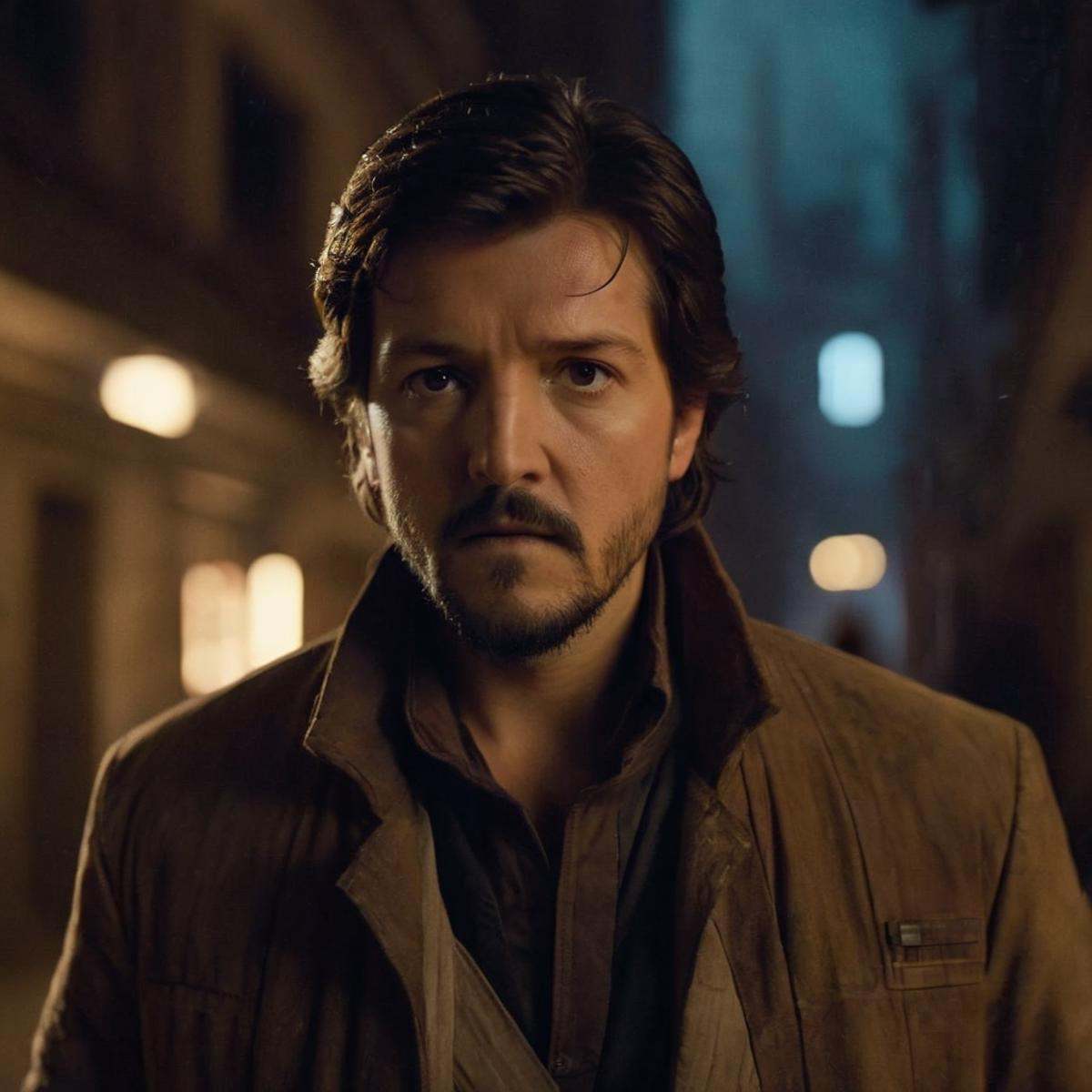cinematic film still of Cassian Andor a man walking down a dark alley at night In Star Wars Universe,  shallow depth of fi...