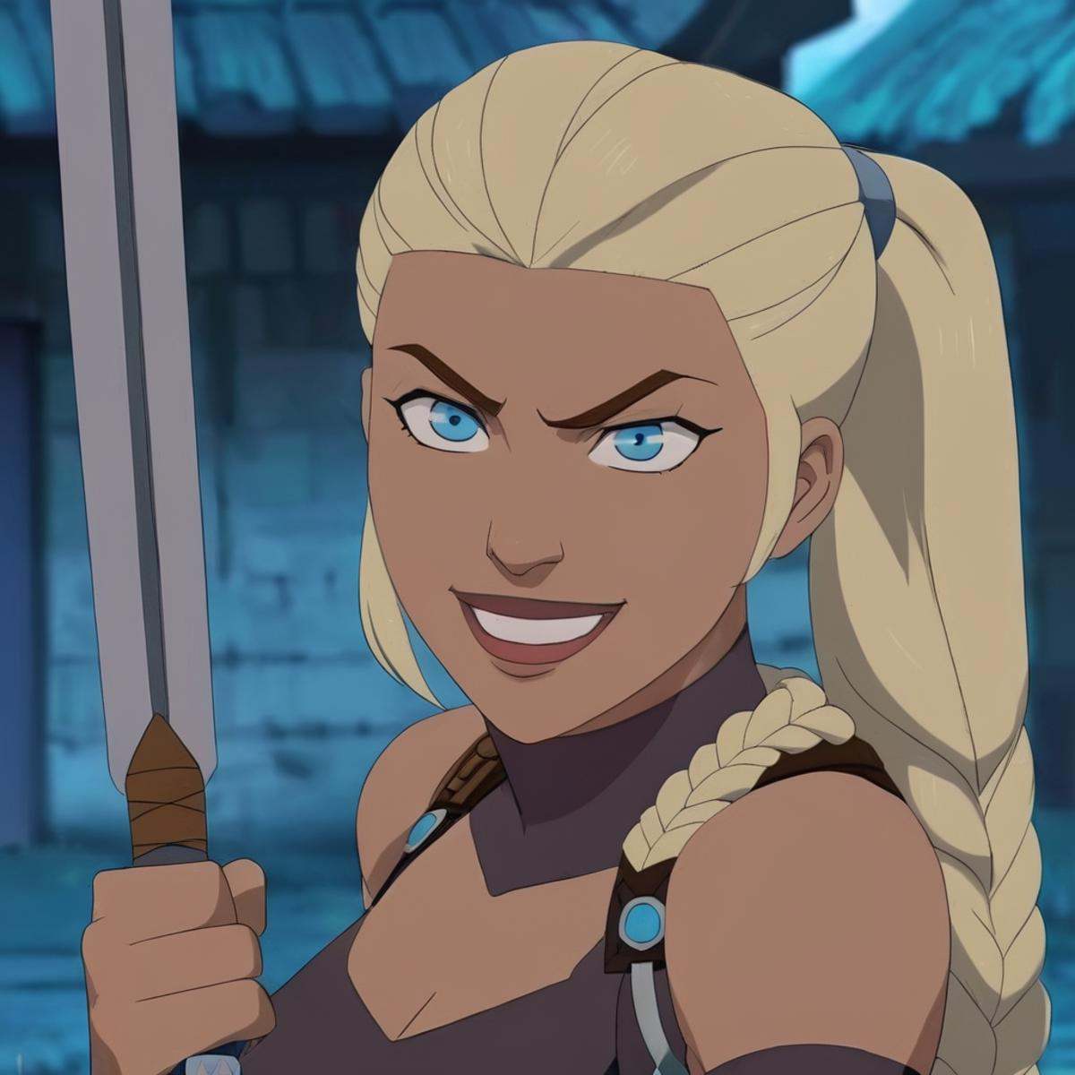 anime artwork of detailed perfect War Woman a cartoon character with a yellow hair and blue eyes,  warrior woman,  amazoni...
