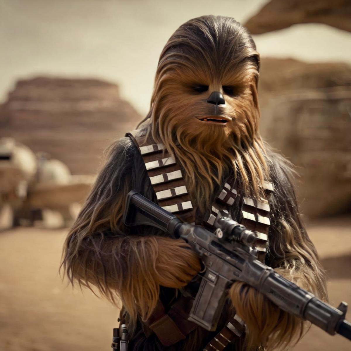 cinematic film still of Chewbacca a chewbab is holding a rifle In Star Wars Universe,  shallow depth of field,  vignette o...
