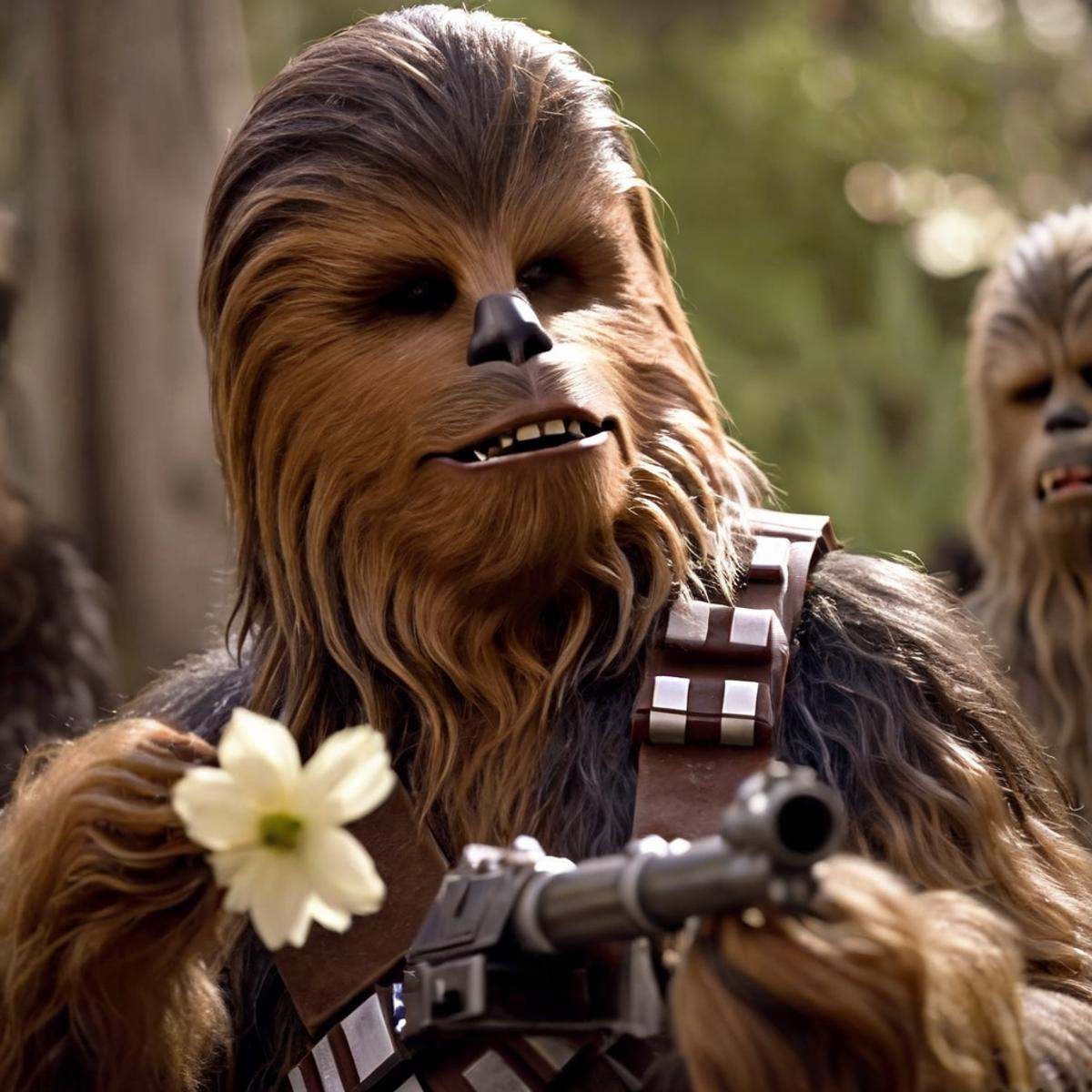 cinematic film still of Chewbacca chewi with a flower in his mouth In Star Wars Universe,  shallow depth of field,  vignet...
