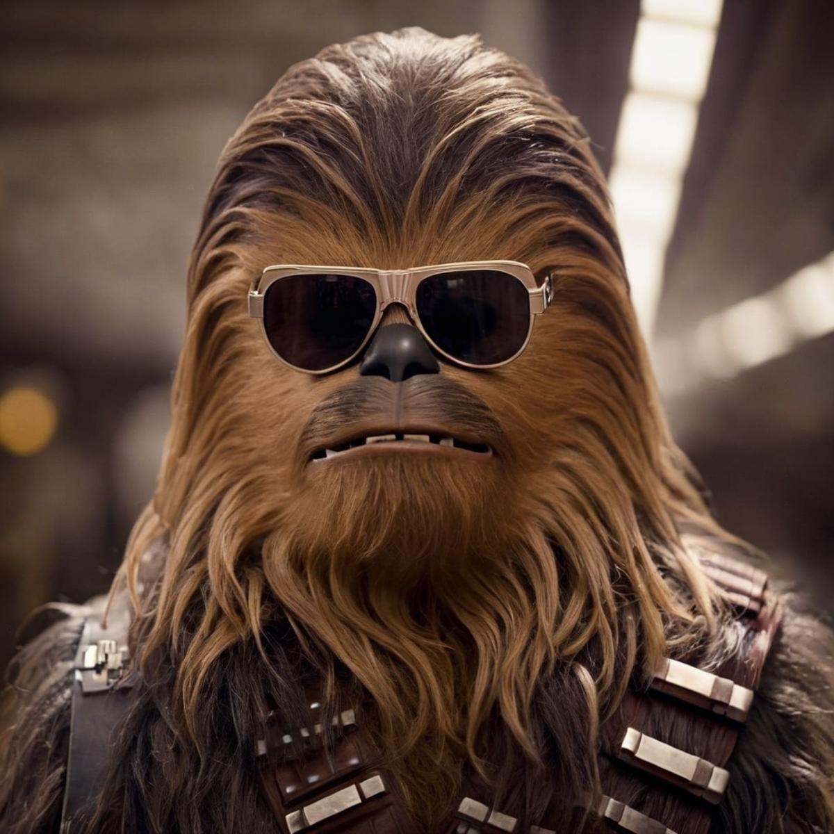cinematic film still of Chewbacca a chewi - o - chewi character wearing glasses In Star Wars Universe,  shallow depth of f...