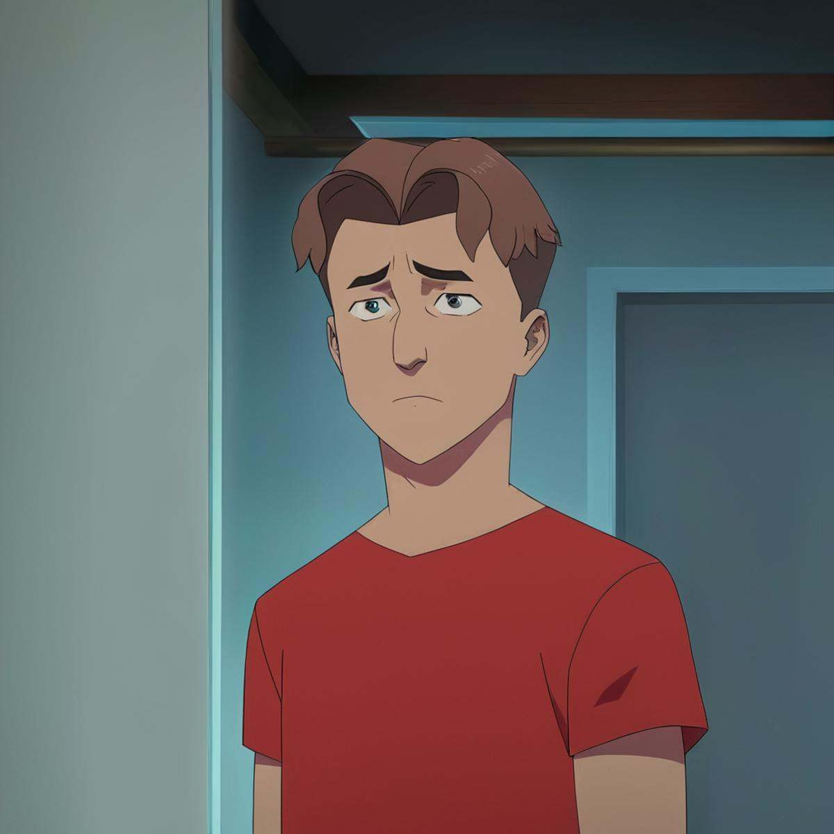 anime artwork of detailed perfect William Clockwell a sad man in a red shirt standing in a room,  solo,  looking at viewer...