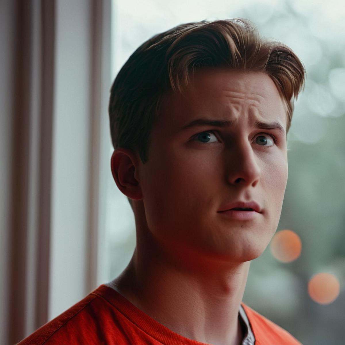 cinematic film still of detailed perfect William Clockwell a man in a red shirt staring at something,  face shot,  solo on...