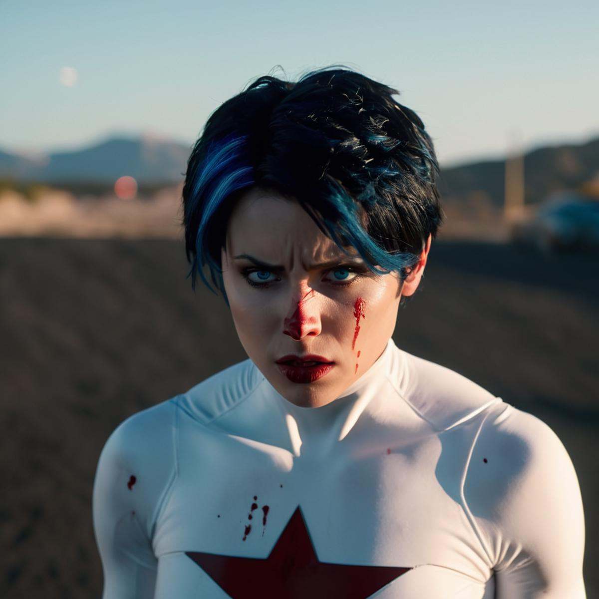 cinematic film still of Anissa a woman with a bloody nose and a white superhero costume staring in anger at camera,  Viltr...