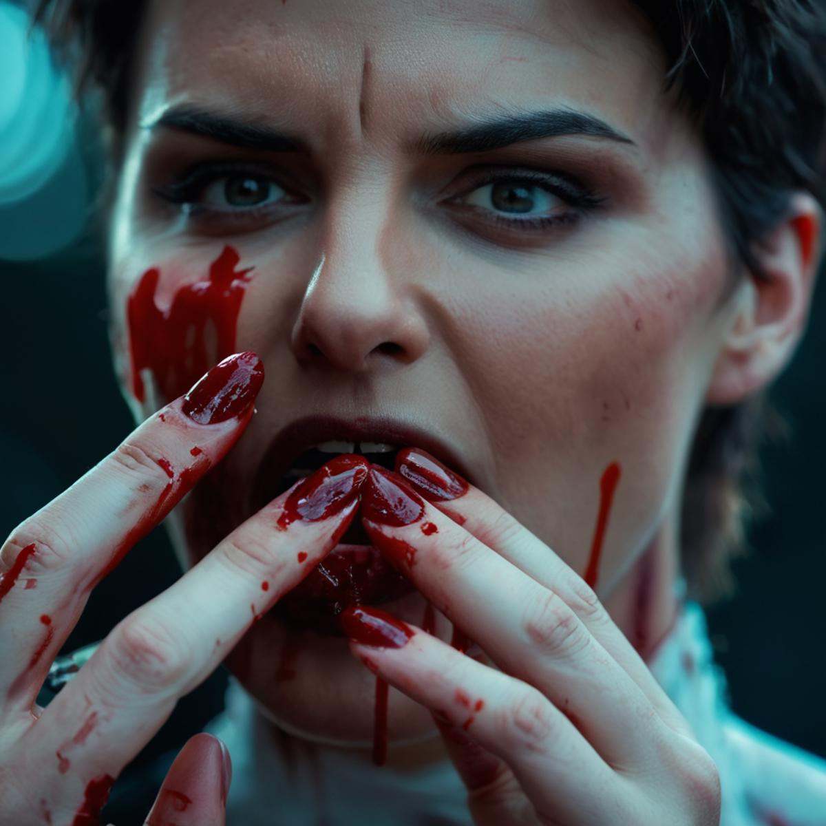 cinematic film still of Anissa a closeup of a person holding a bloody fingers in their mouth,  tasting blood,  Viltrumite...