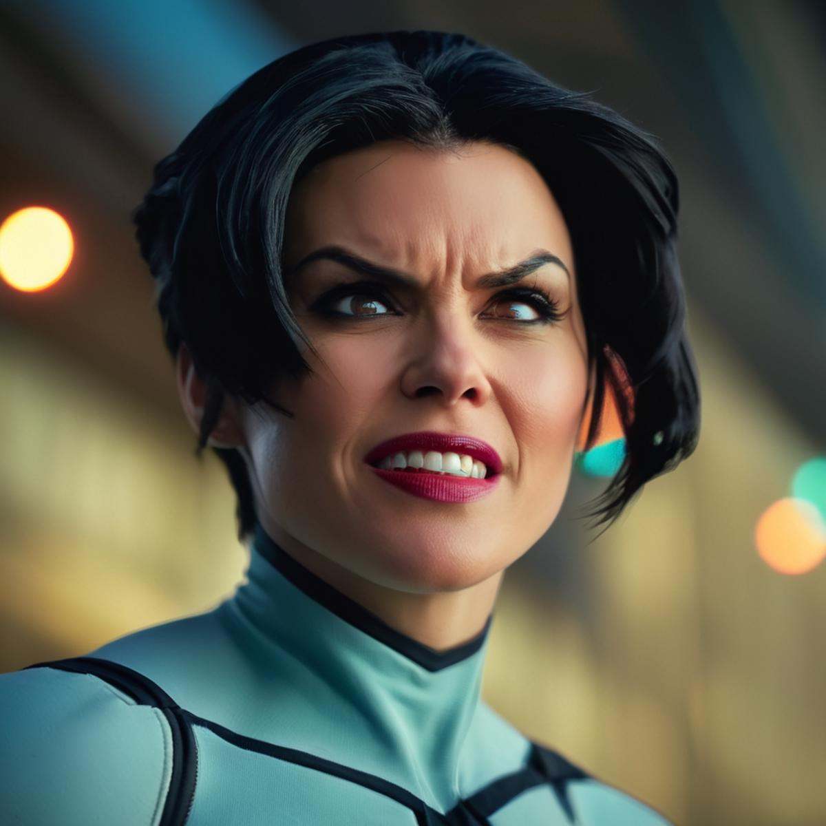 cinematic film still of Anissa a closeup of a side view profile view of an angry woman with a very big angry grin on her f...