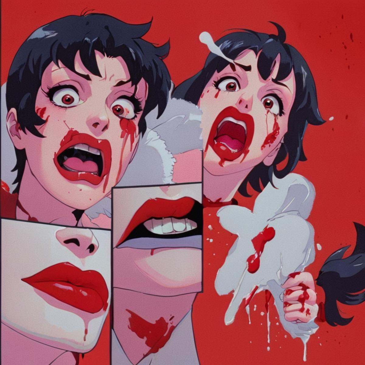 anime artwork of Anissa a collage comic strip with a naked woman in different erotic teasing pose,  Viltrumite costume,  a...