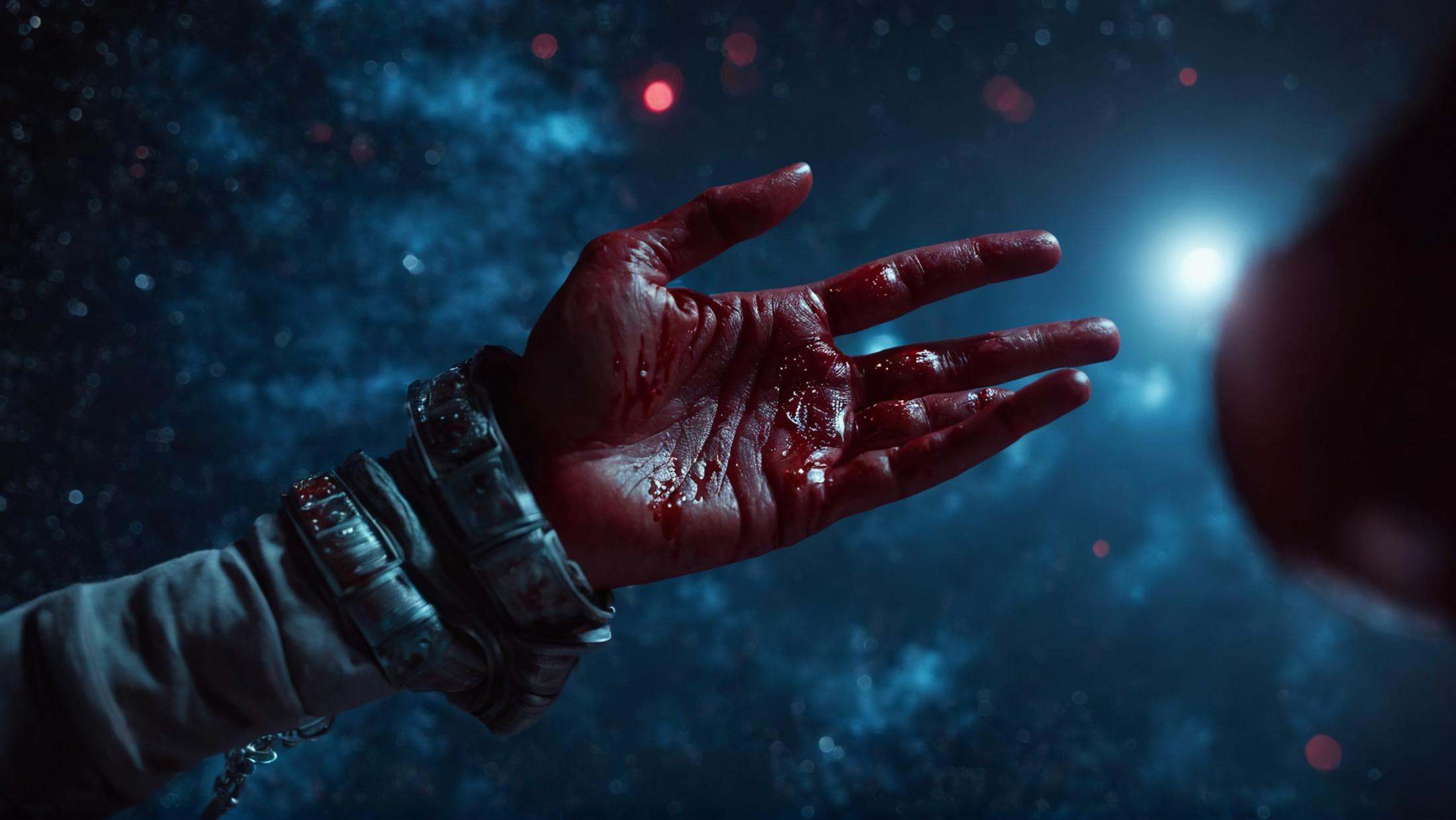 cinematic film still of Anissa a closeup of a hand with blood on it in space,  Viltrumite costume,  antagonist on Tensor.Art