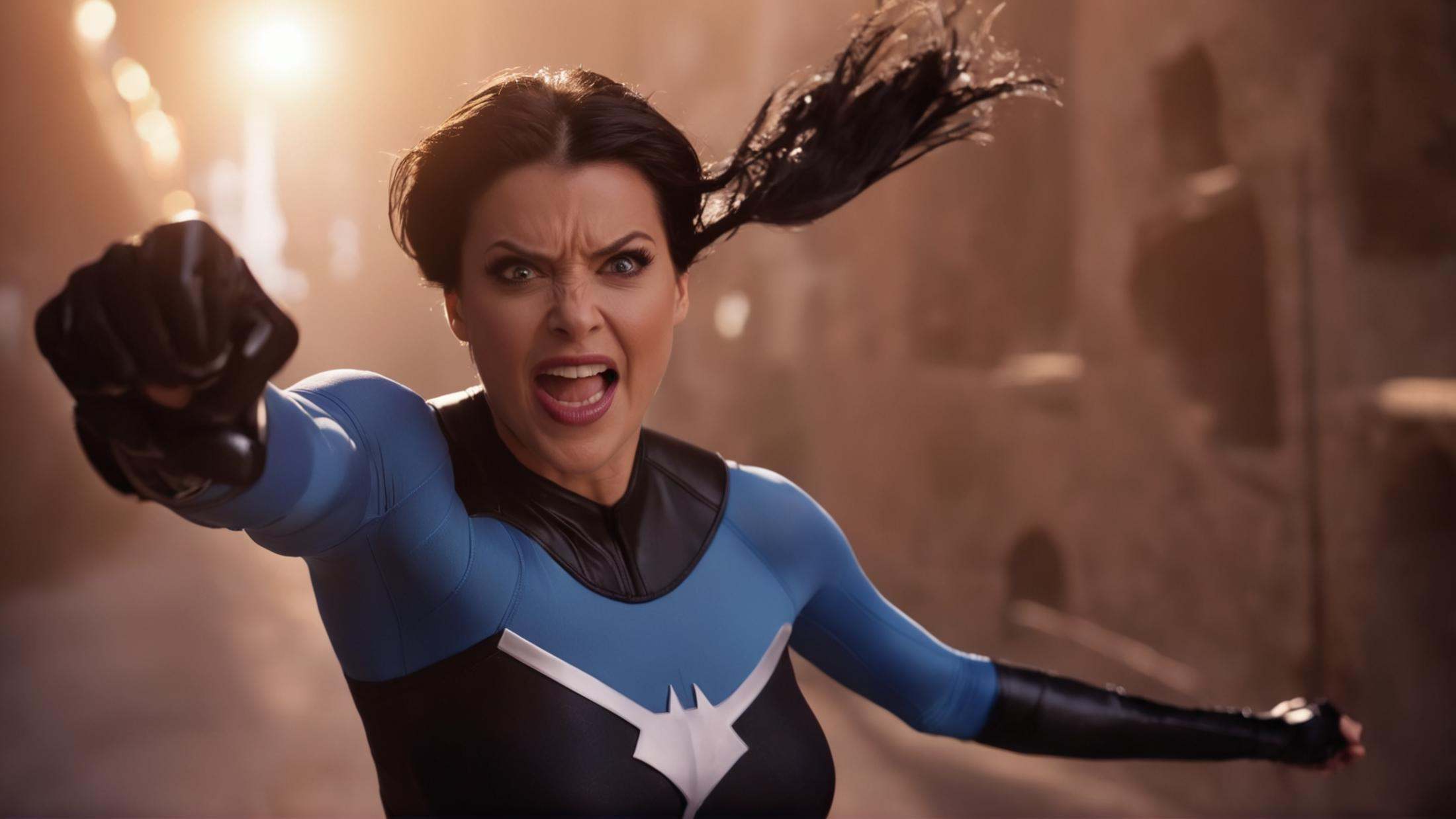 cinematic film still of Anissa a closeup of an angry woman in a superhero costume is flying straight to the cameraViltrumi...