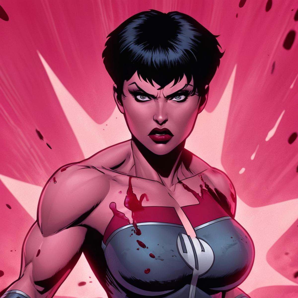 cinematic film still of Anissa a comic book page covered of a very angry looking woman with blood on her hands and body an...