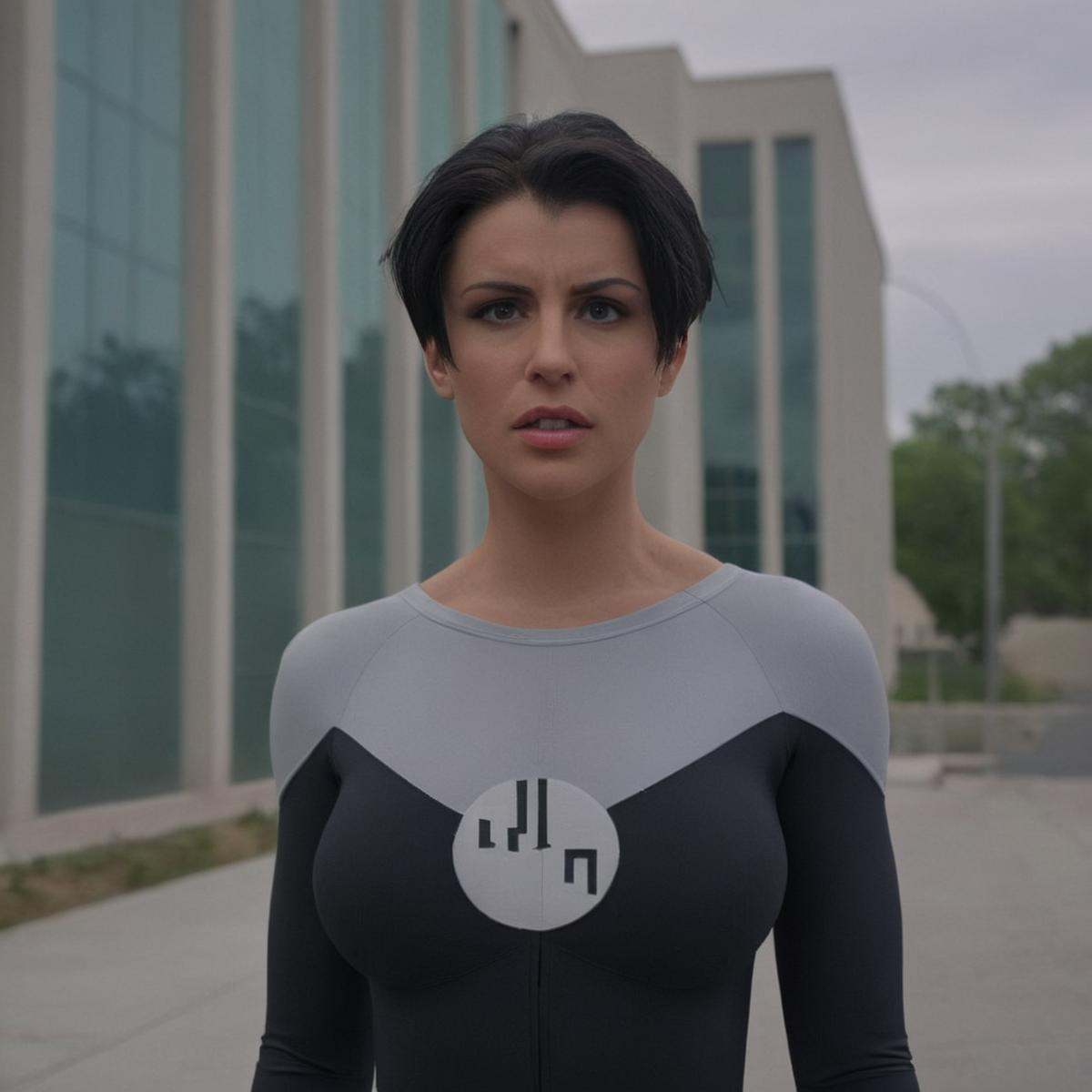 cinematic film still of detailed perfect Anissa a serious lookingwoman with a big breast standing in front of a building,...
