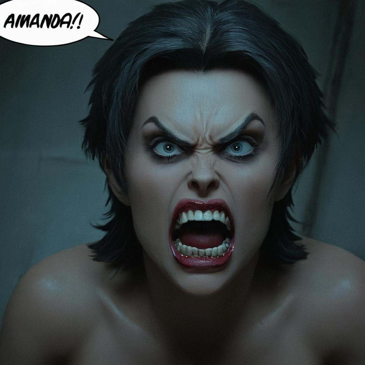 Horror-themed,  detailed perfect realism:1Anissa a closeup cartoon of a very angry woman with a very angry look,  Viltrumi...