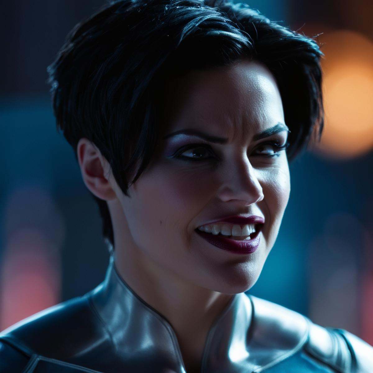 cinematic film still of Anissa a closeup of a side view profile view of an angry woman with a very big angry grin on her f...