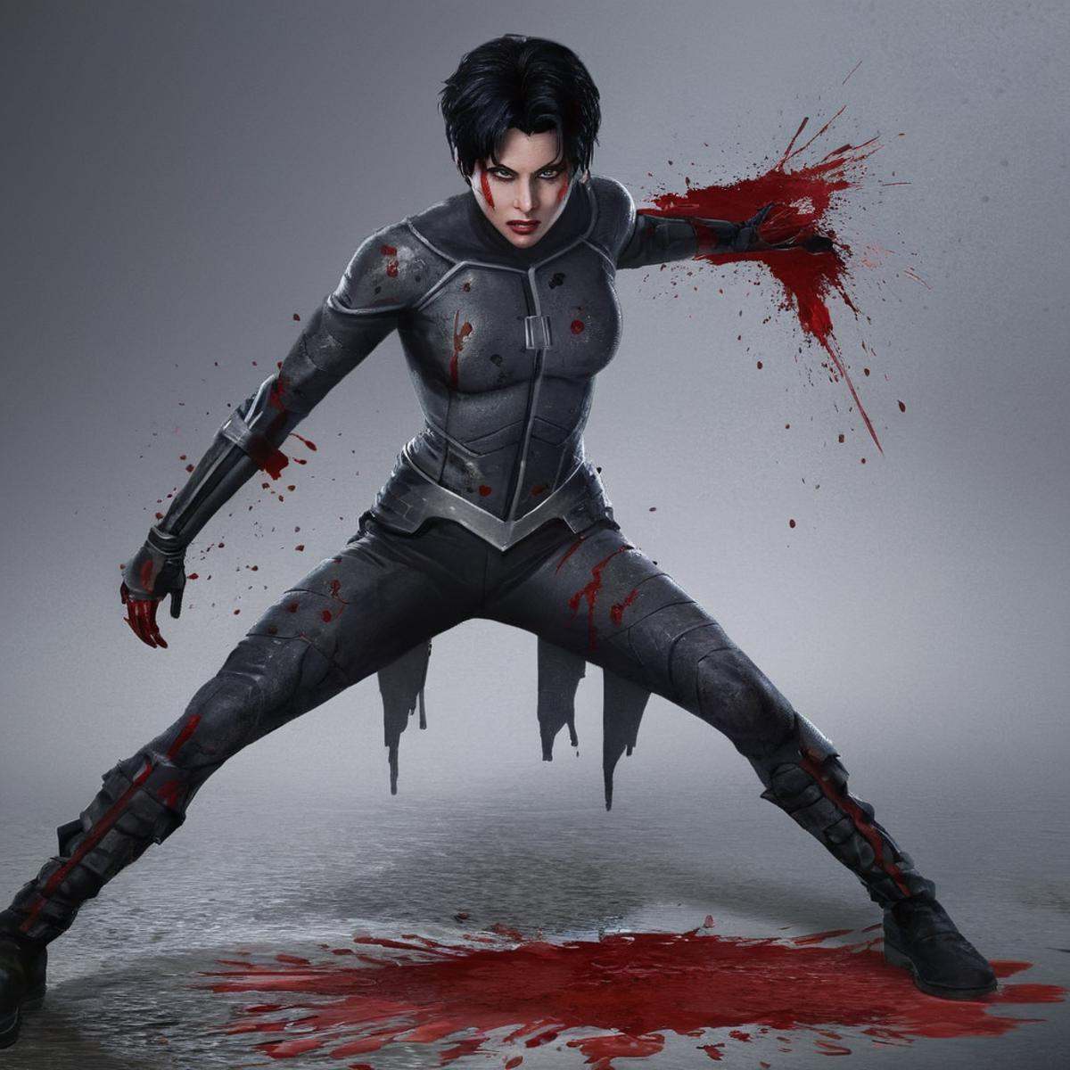 Horror-themed,  detailed perfect Anissa a real life action pose of a woman in a black grey outfit covered in blood splash,...