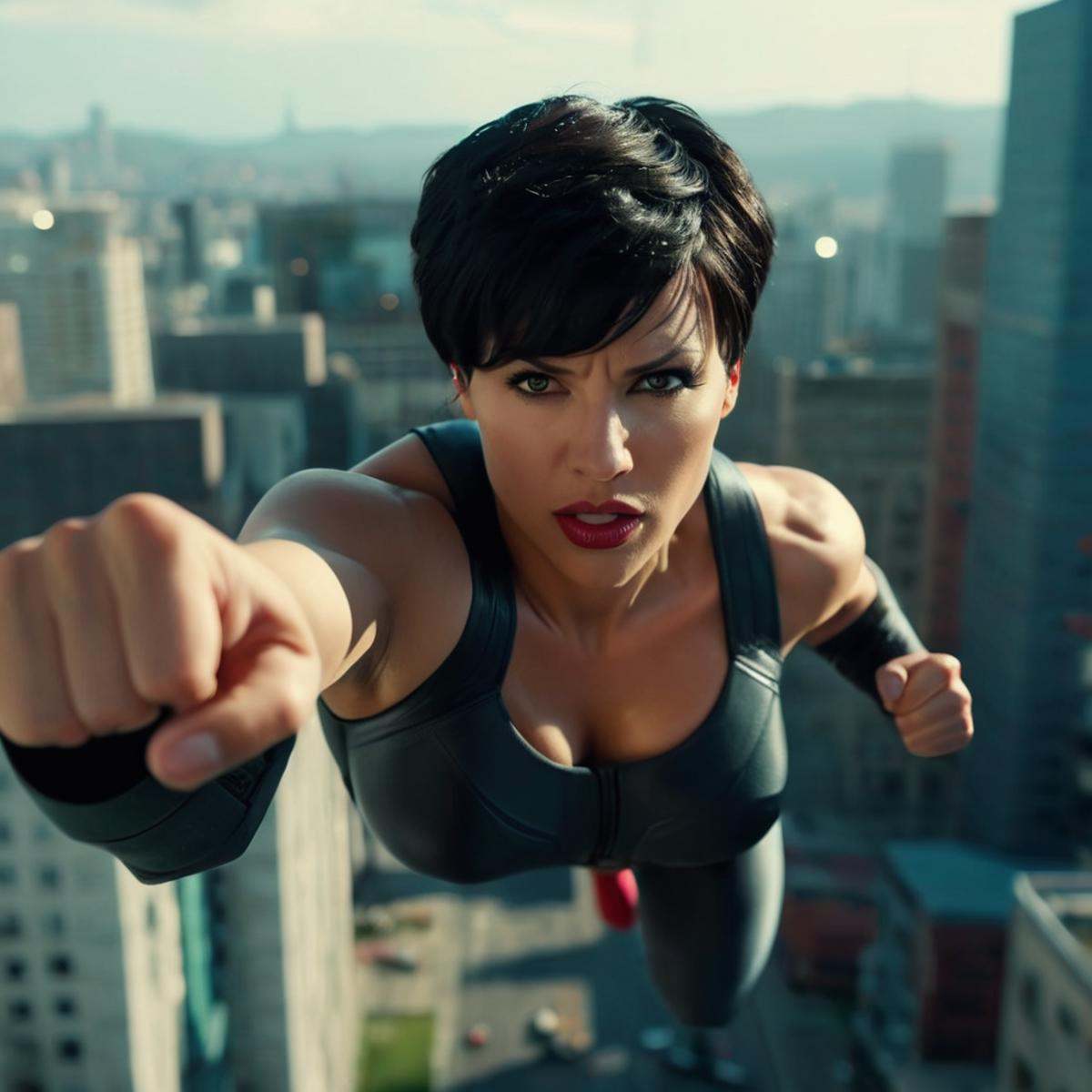 cinematic film still of From above,  Anissa a woman flying through the air while making a fist,  Viltrumite costume on Ten...