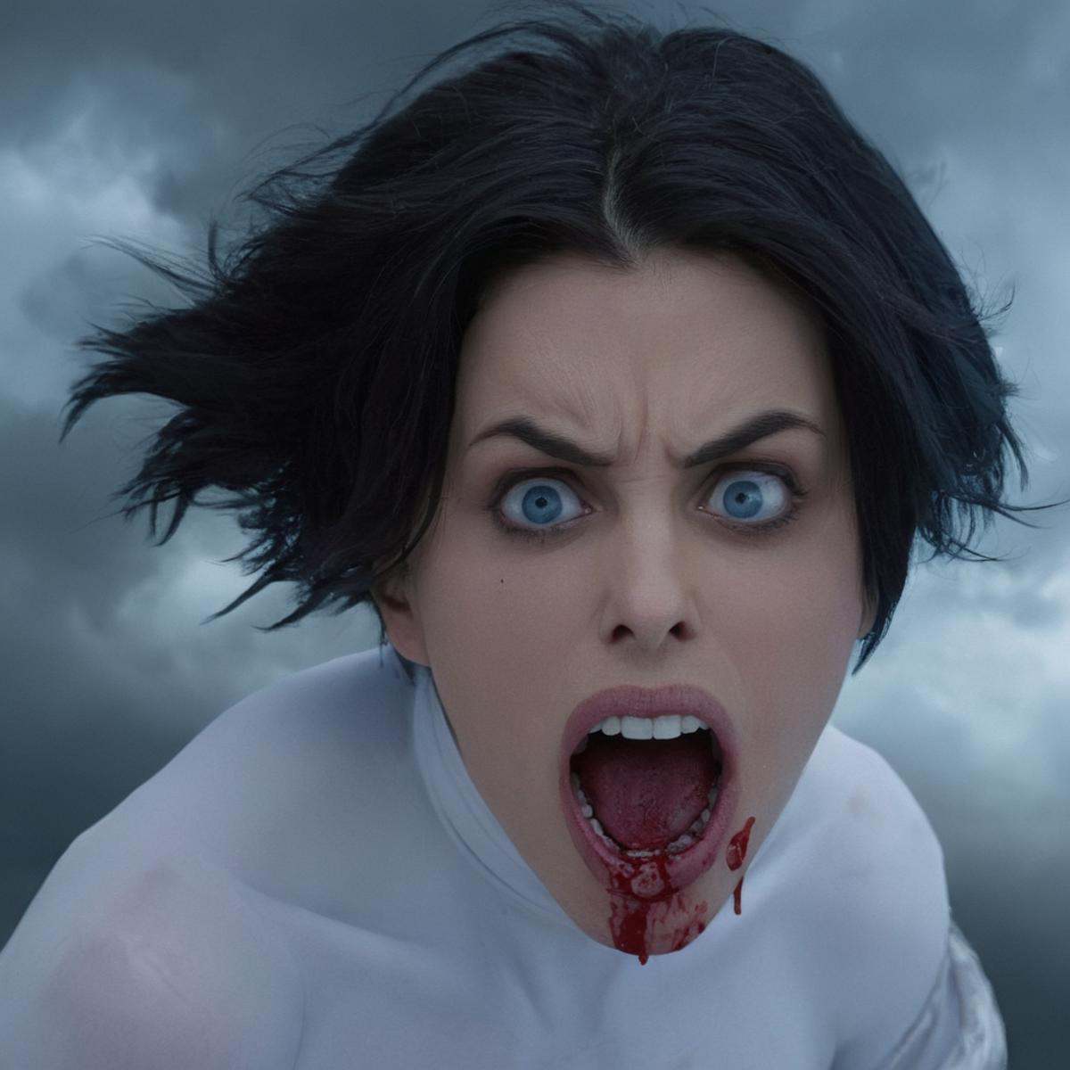 Horror-themed,  detailed perfect Anissa a closeup of a tired looking woman with a very big mouth,  Viltrumite costume on T...