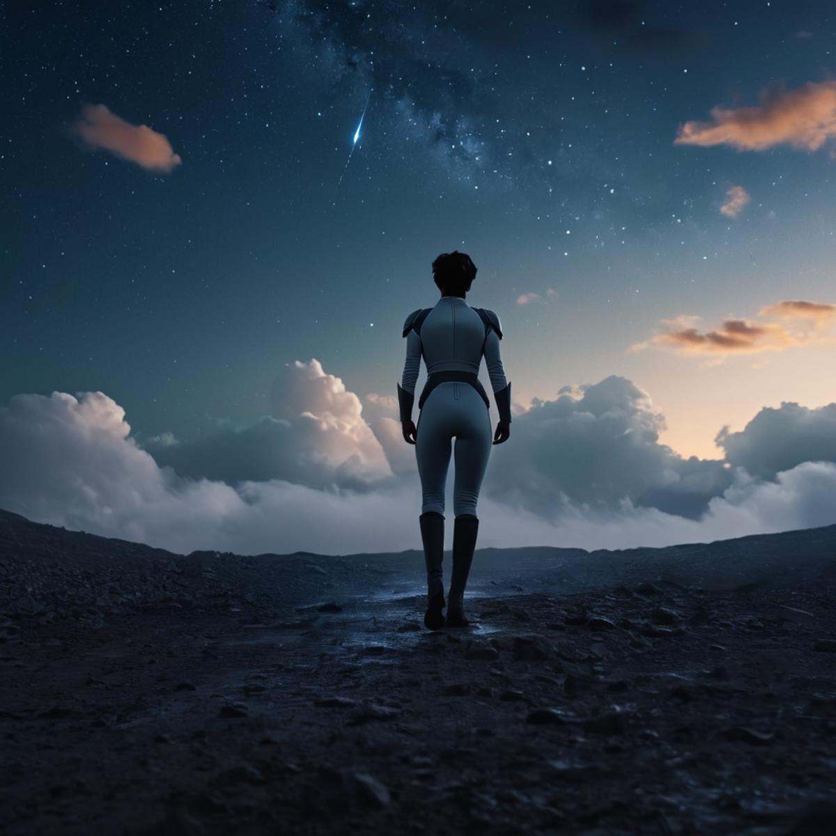 cinematic film still of Anissa a wide shot of a woman from behind standing hovering on a cloud covered ground,  Viltrumite...