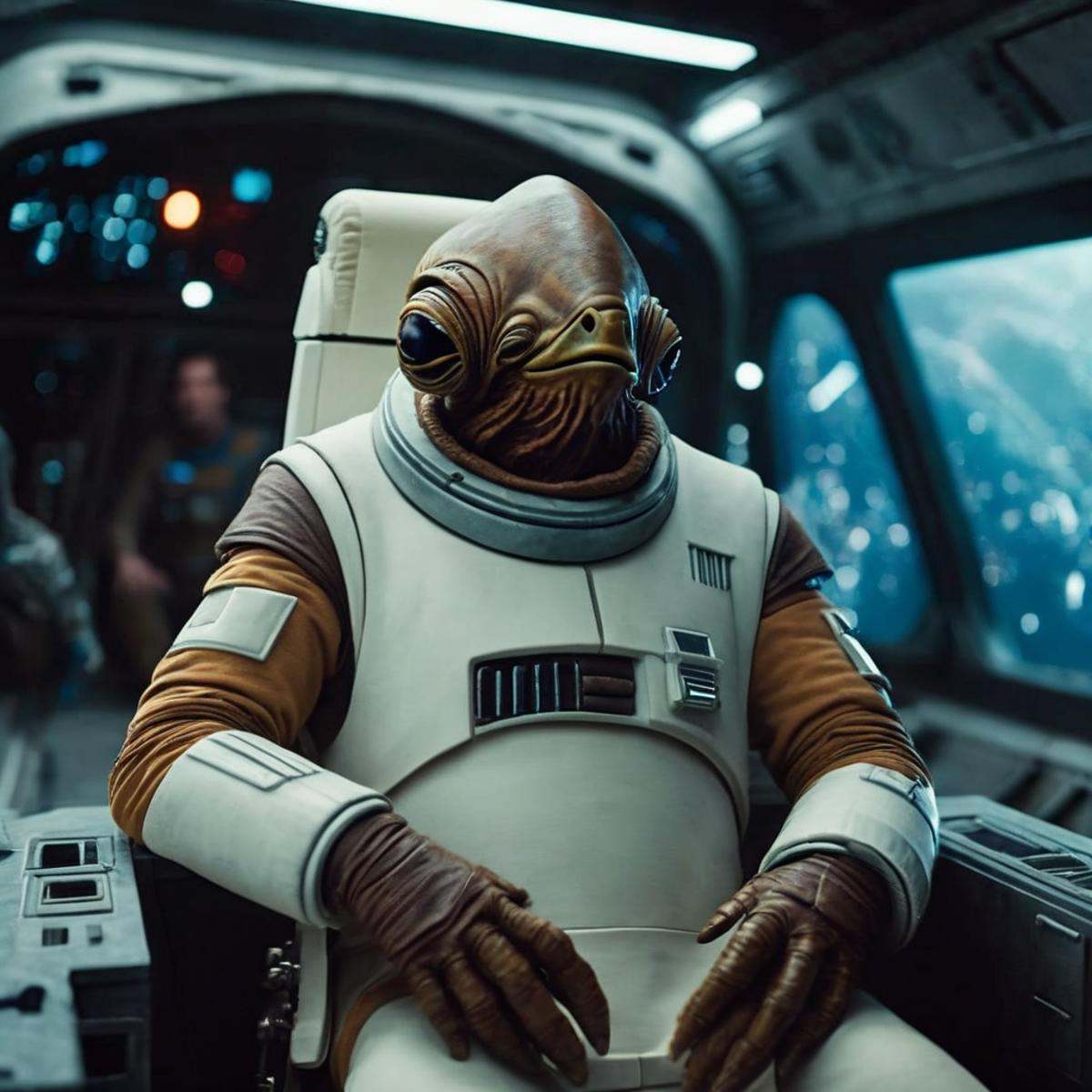cinematic film still of Gial Ackbar a person in a space suit sitting in a spaceship In Star Wars Universe,  shallow depth...