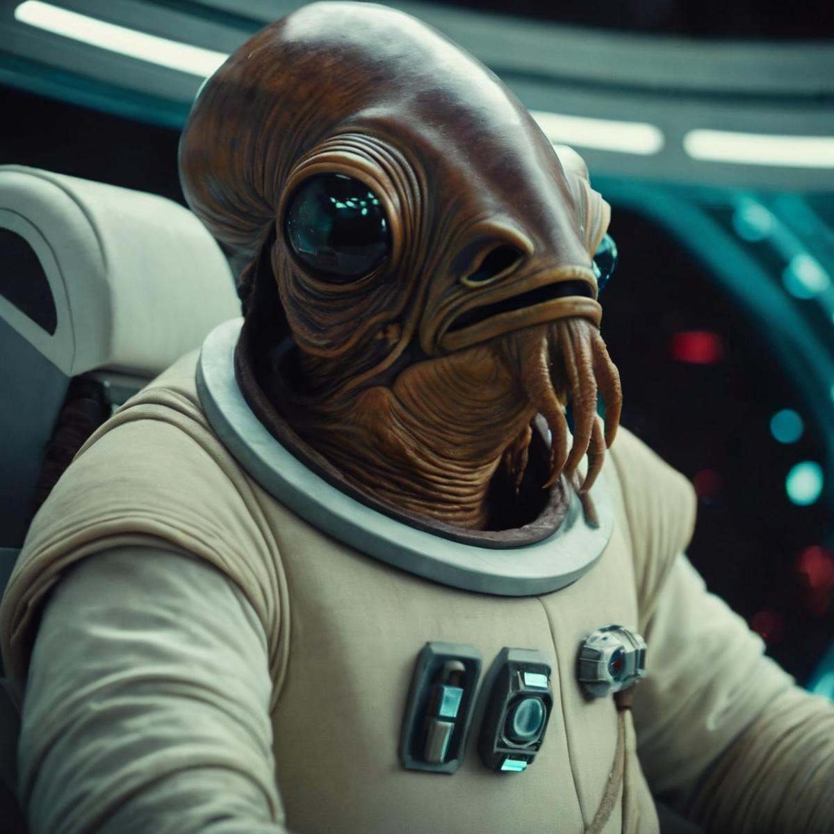 cinematic film still of Gial Ackbar a person in a space suit sitting in a spaceship In Star Wars Universe,  shallow depth...