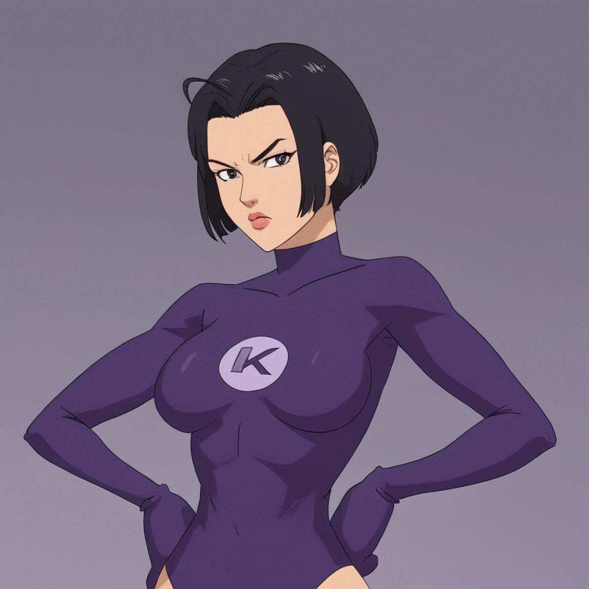 anime artwork of detailed perfect Dupli-Kate a woman in a purple and black outfit,  Katherine "Kate" Cha,  1girl on Tensor...