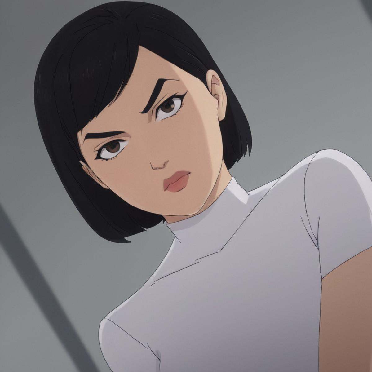 anime artwork of detailed perfect Dupli-Kate a woman with a black hair and a white shirt,  Katherine "Kate" Cha,  1girl on...