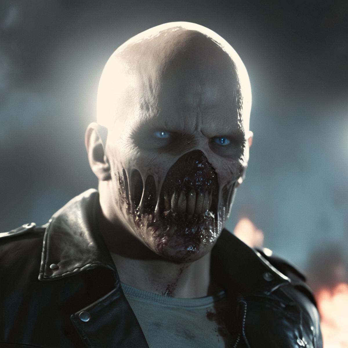 cinematic film still of cinematic film still of Unreal Engine styleZombie a man with a bloody face and a leather jacket,...