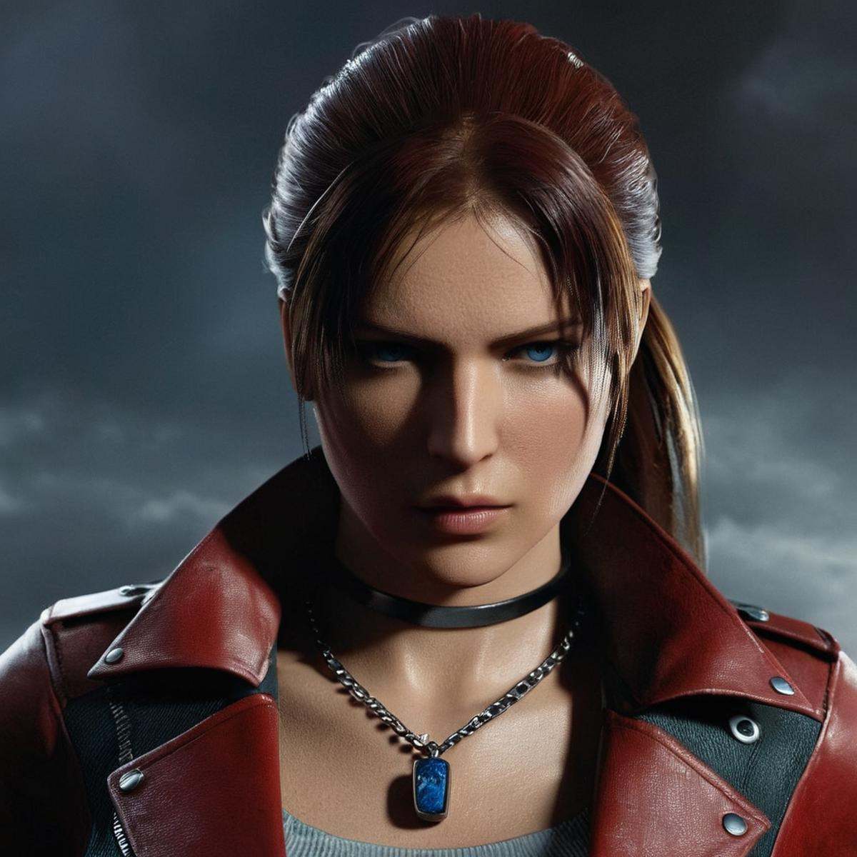Horror-themed,  cinematic film still of Unreal Engine styleClaire Redfield a woman in a red leather jacket and a necklace,...
