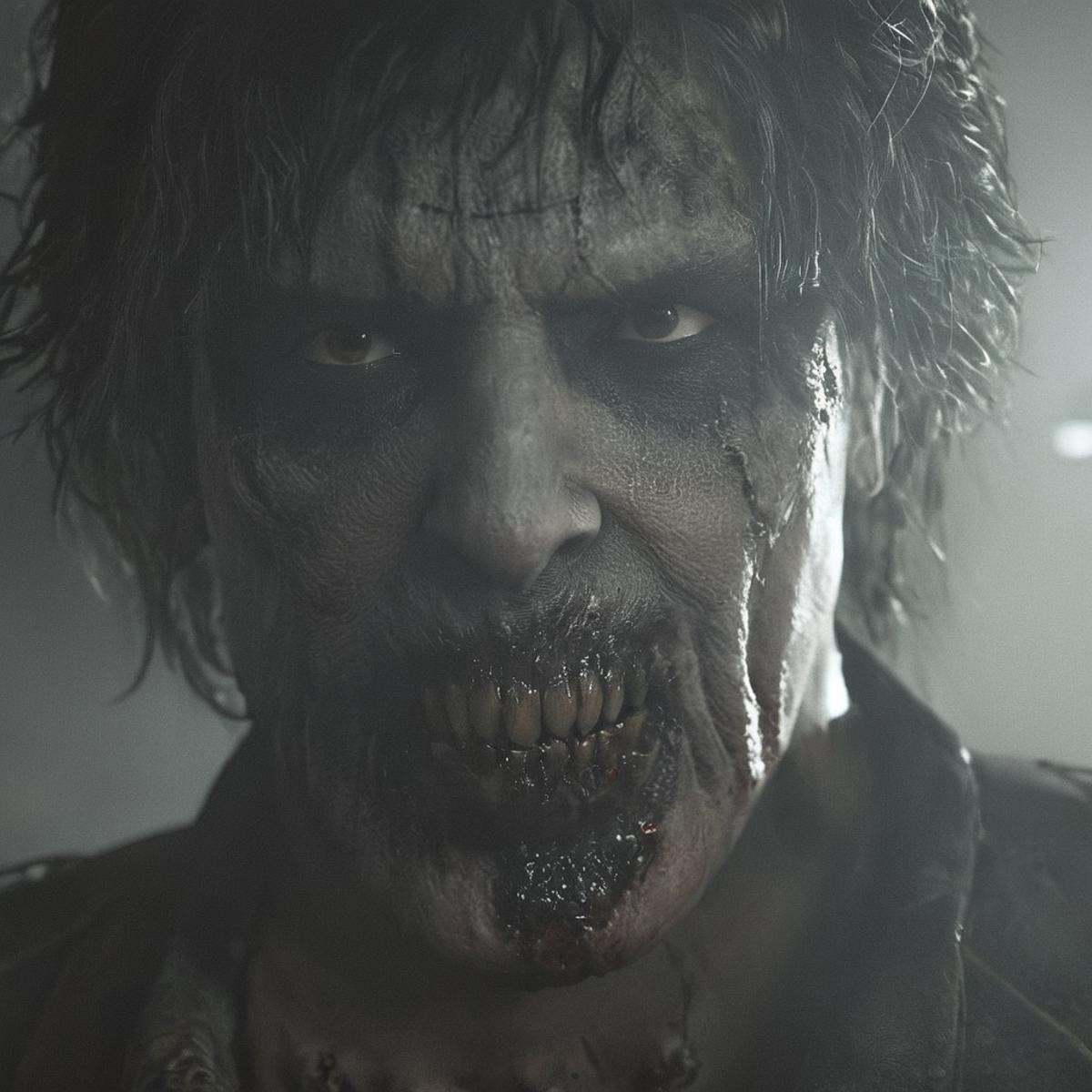 Horror-themed,  cinematic film still of Unreal Engine styleCreatures a man with a zombie teeth in his mouth,  solo on Tens...