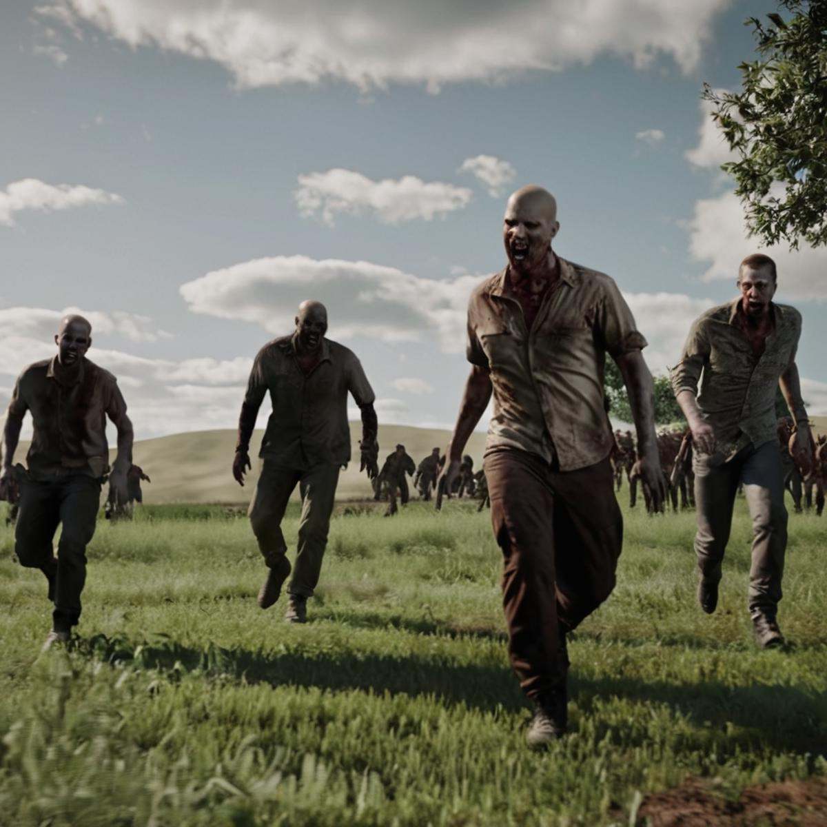 cinematic film still of cinematic film still of Unreal Engine styleZombie a group of zombies walking through a field,  ope...