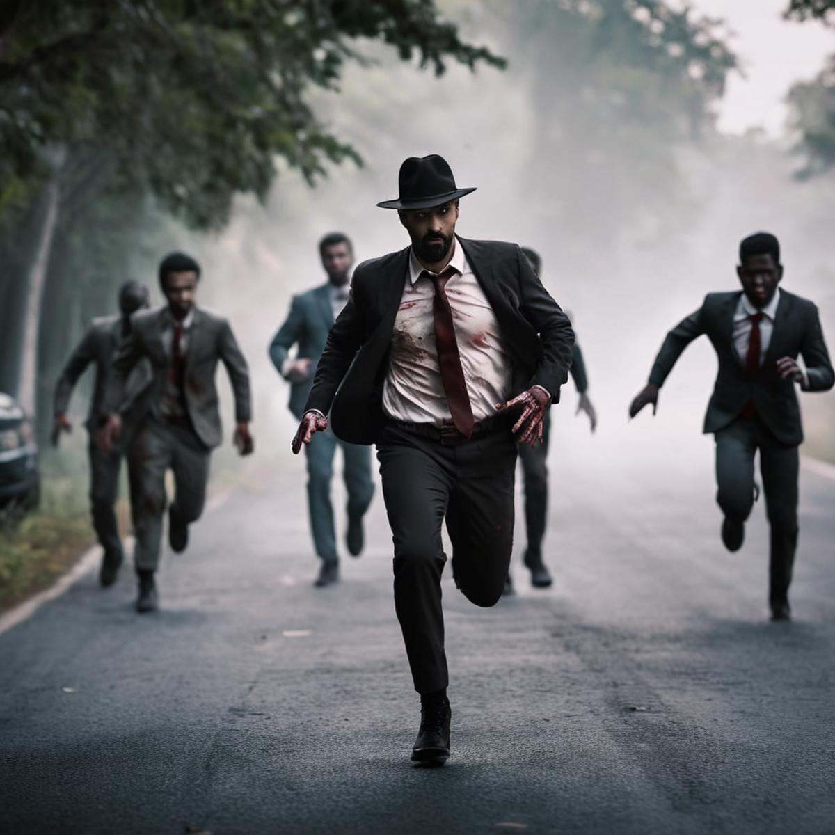 cinematic film still of cinematic film still of Unreal Engine styleZombie a group of zombies running down a road,  hat,  m...
