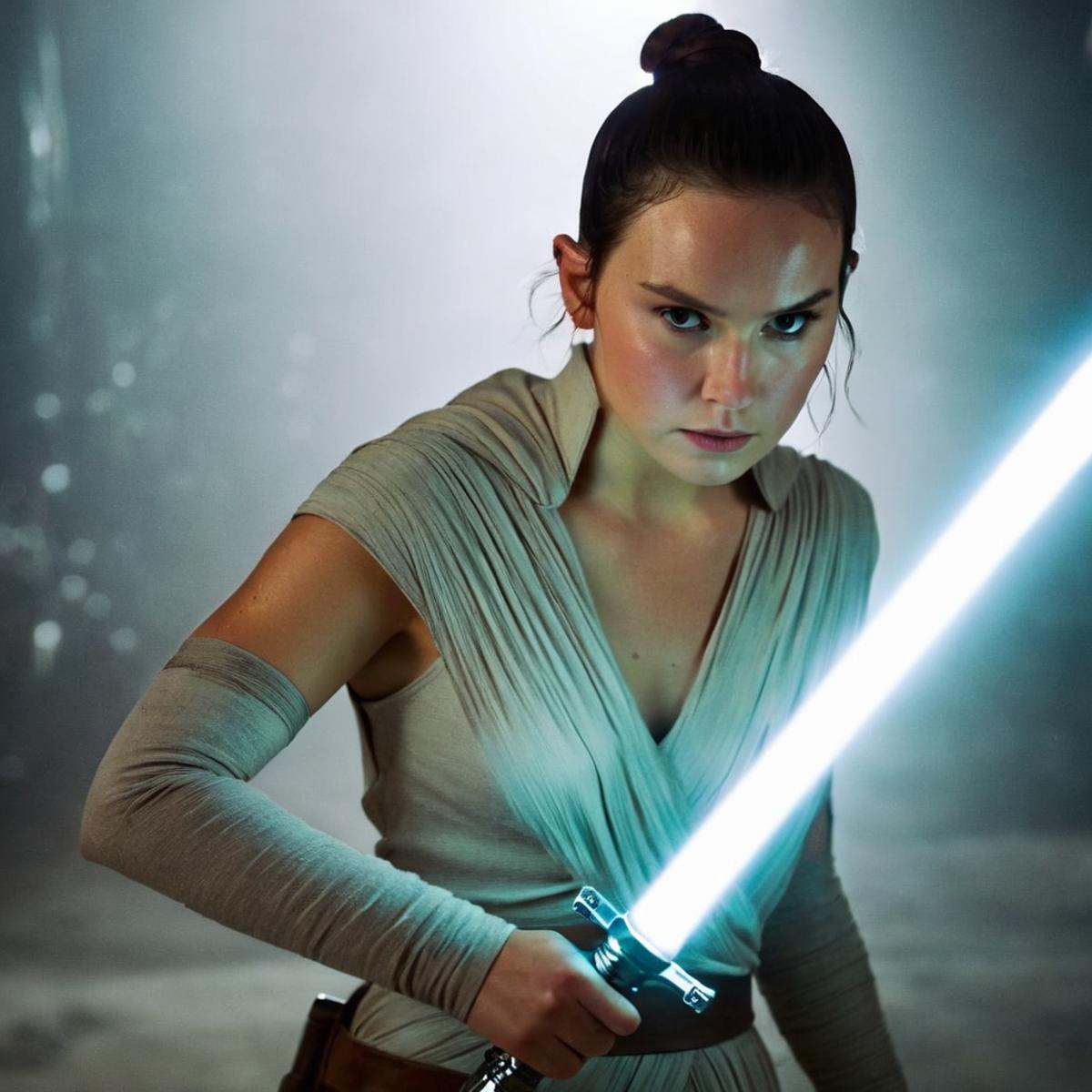 cinematic film still of Rey a woman in a star wars outfit holding a light saber In Star Wars Universe,  shallow depth of f...