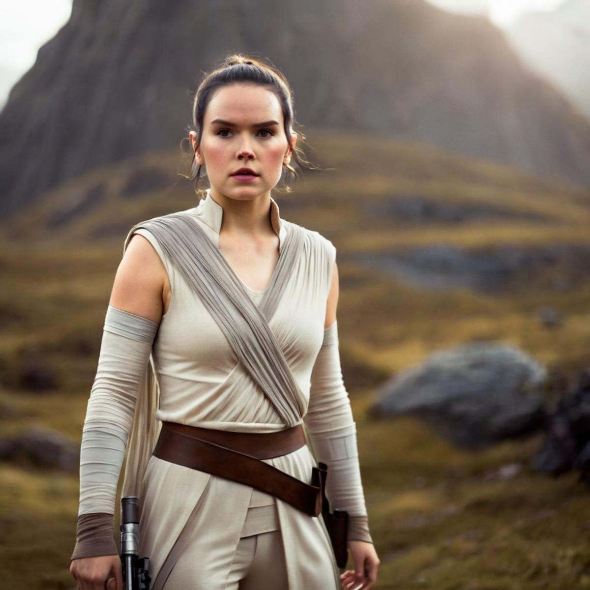cinematic film still of Rey a cute woman in a star wars outfit standing in front of a mountain while looking at camera In...