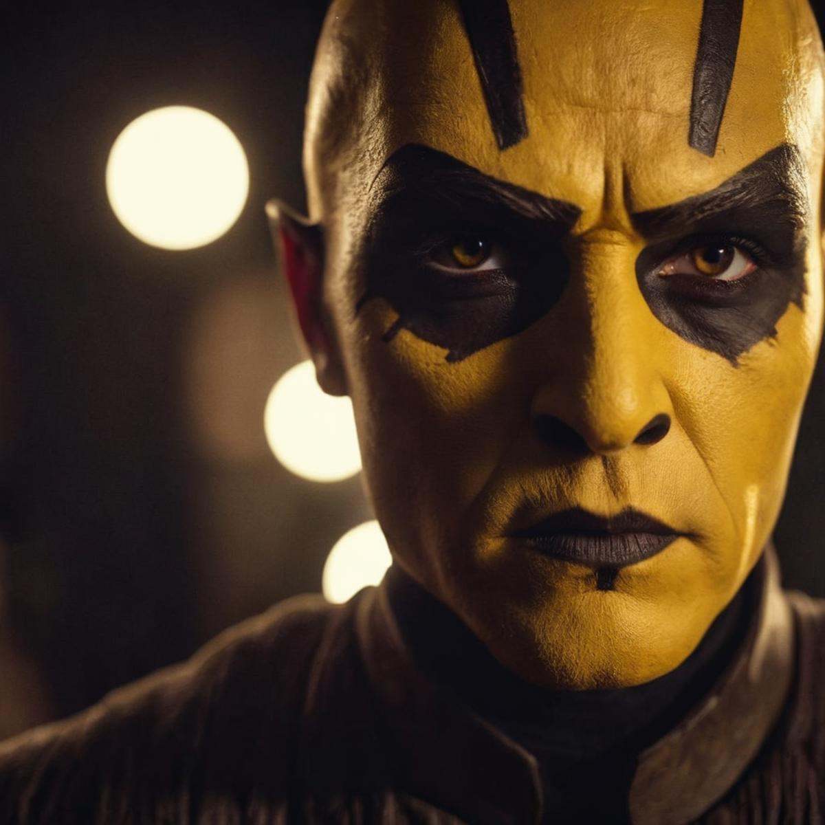 cinematic film still of Savage Opress a close up of a person with a yellow face in a dark room staring at camera In Star W...