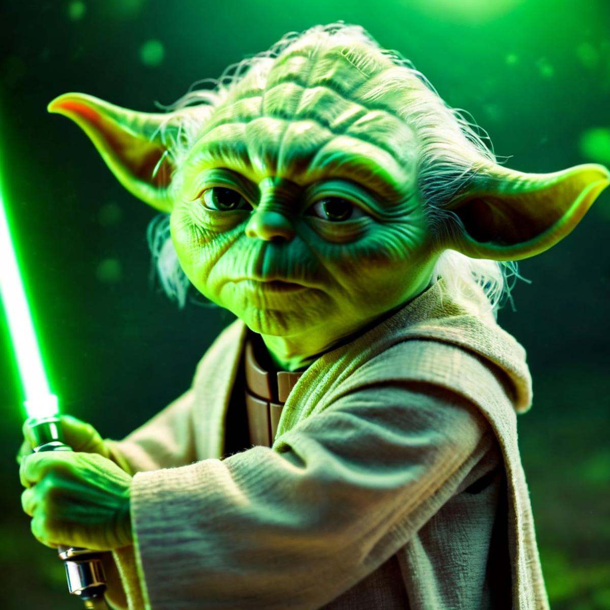 cinematic film still of Yoda a cartoon yodah with a green light saber and jedi rob costume In Star Wars Universe,  shallow...