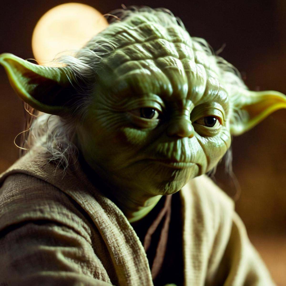cinematic film still of Yoda a close up of a yodah with a moon light on in the backgroun In Star Wars Universe,  shallow d...
