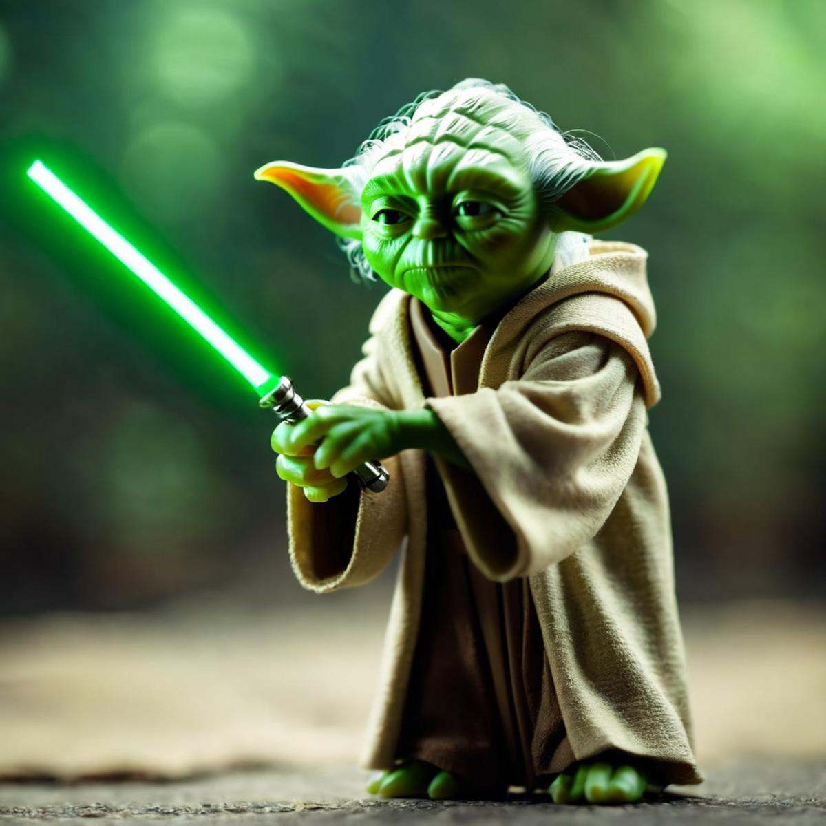 cinematic film still of Yoda a toy yoda is holding a cane In Star Wars Universe,  shallow depth of field,  vignette on Ten...
