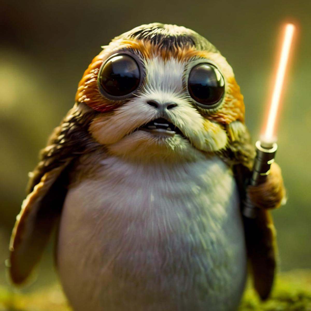 cinematic film still of Porgs Bird a bird with a light saber in it's bird hand In Star wars Universe,  shallow depth of fi...