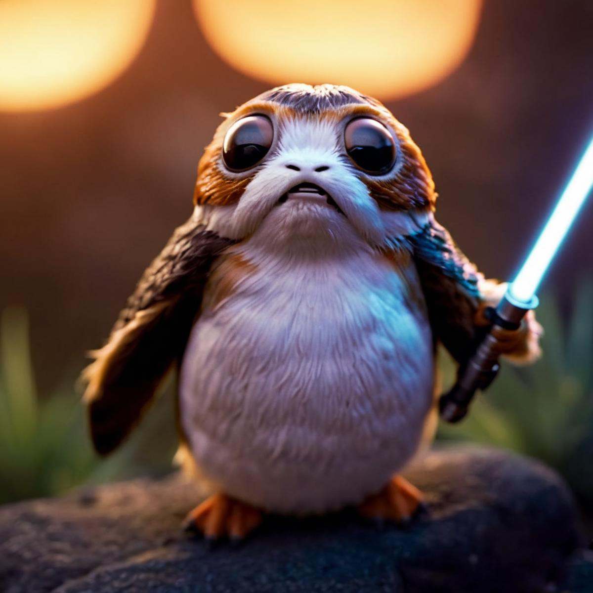 cinematic film still of Porgs Bird a cartoon bird character with a light saber in his hand In Star wars Universe,  shallow...
