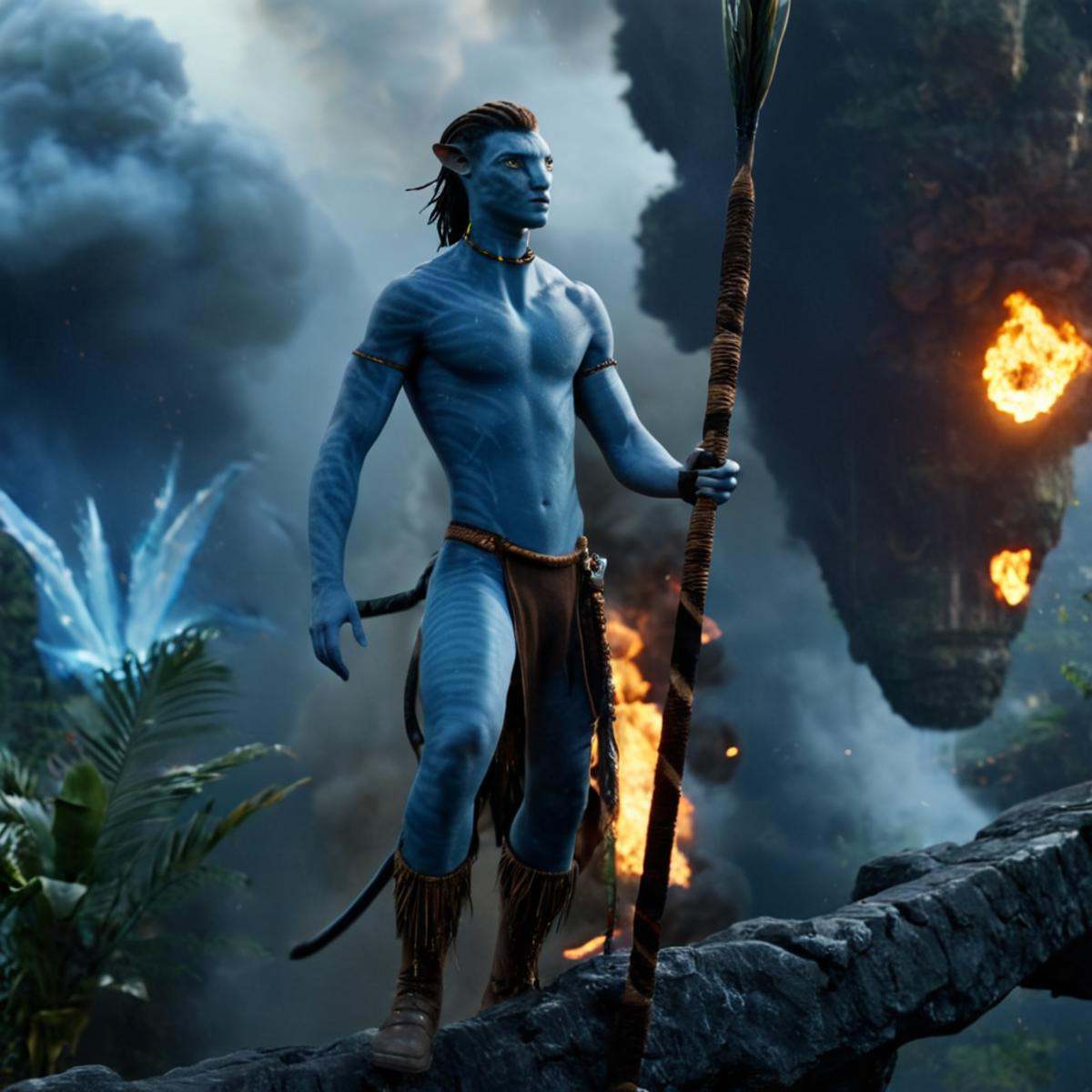 cinematic film still of 1 In 2154 on planet Pandora Navi blue skin indigenous species a man is standing on a ledge with a...