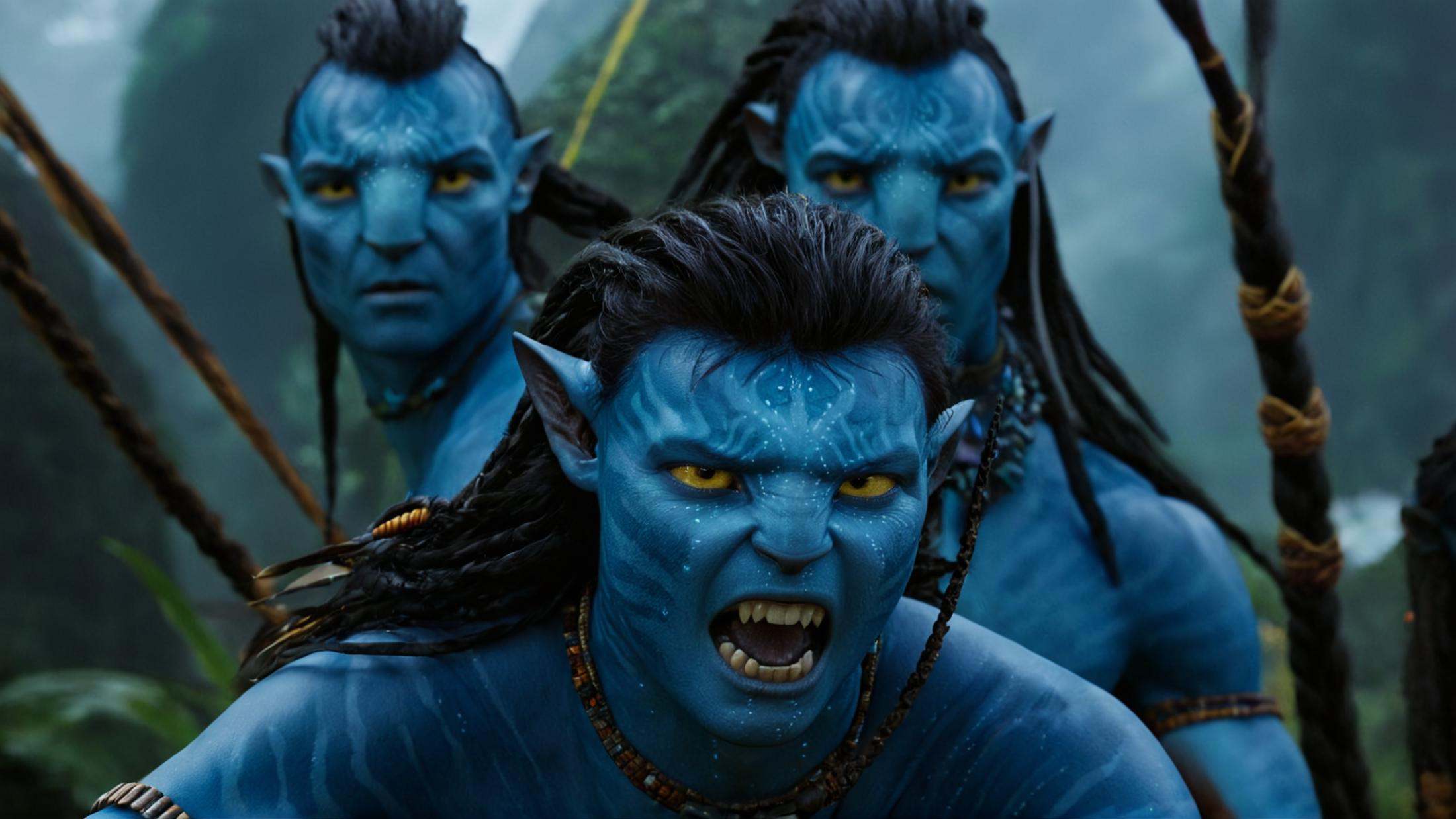 cinematic film still of 1 In 2154 on planet Pandora Navi blue skin indigenous species a screaming angry man with blue pain...