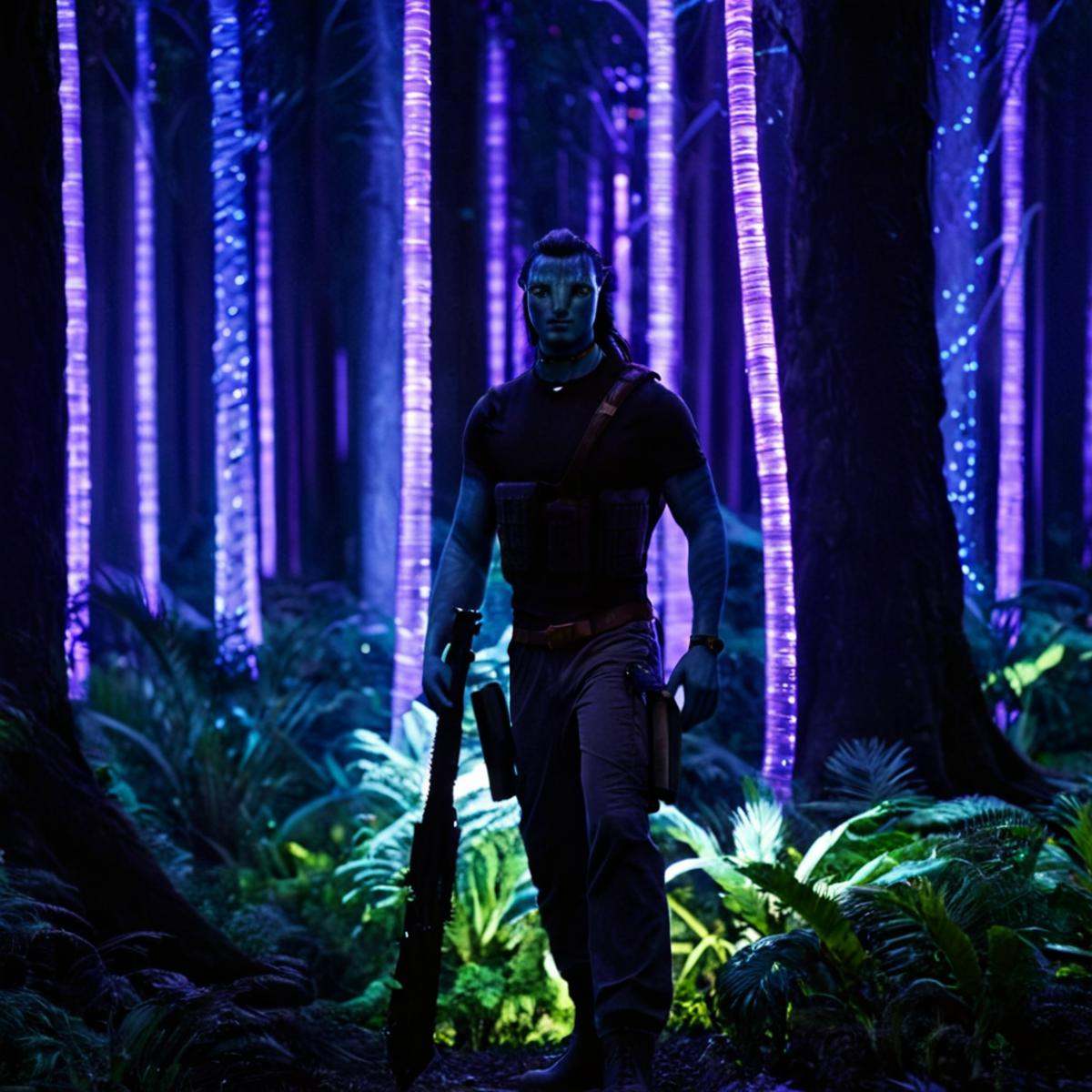 1 In 2154 on planet Pandora a man standing in a forest with purple lights,  solo,  weapon on Tensor.Art