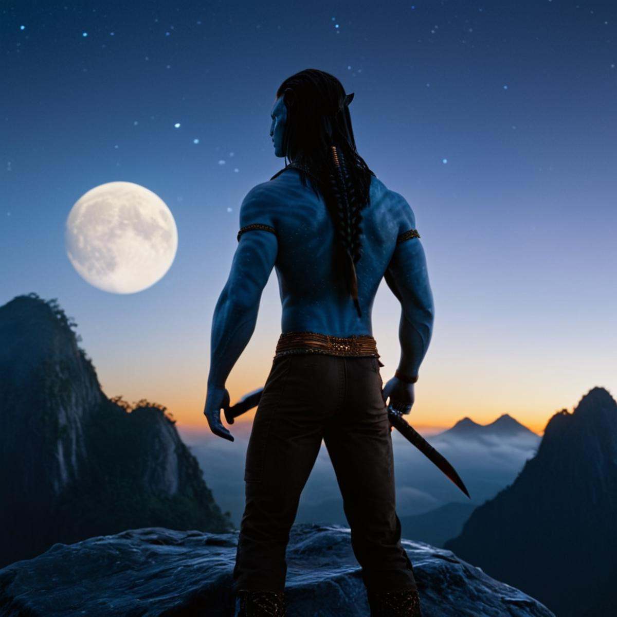 cinematic film still of 1 In 2154 on planet Pandora Navi blue skin indigenous species a man standing on a rock in front of...