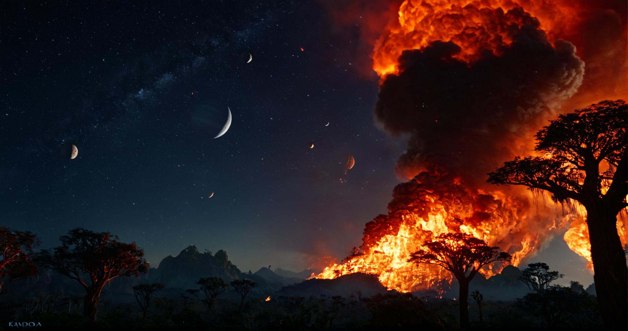 1 In 2154 on planet Pandora a huge line offire is burning in the dark sky,  tree,  no humans on Tensor.Art
