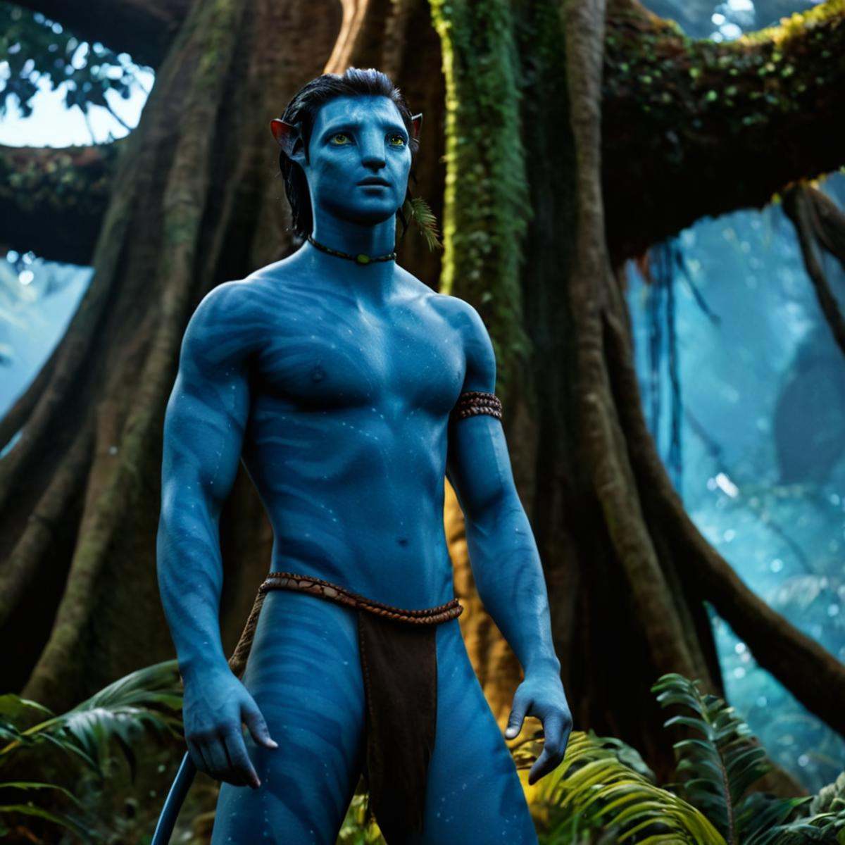 cinematic film still of 1 From below In 2154 on planet Pandora Navi blue skin indigenous species a man with a body painted...