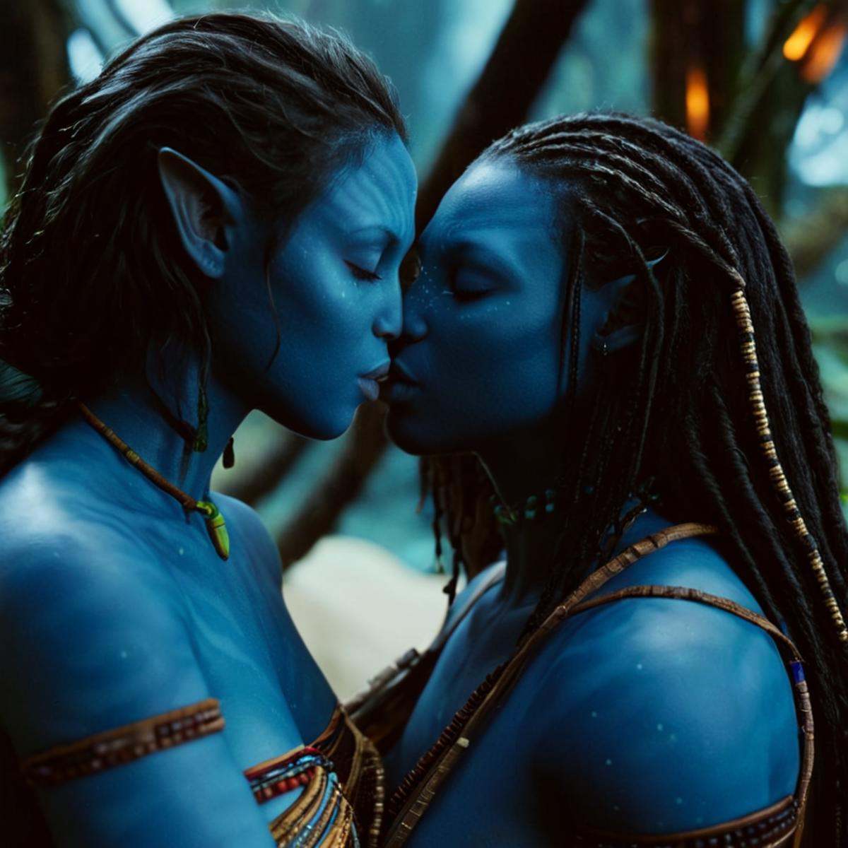 cinematic film still of 1 In 2154 on planet Pandora Navi blue skin indigenous species a couple of people embracing each ot...