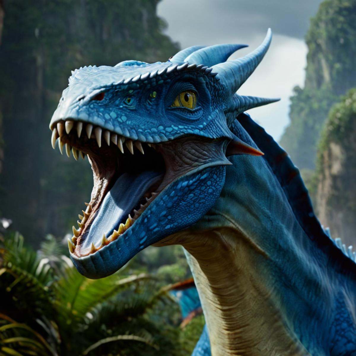 cinematic film still of 1 In 2154 on planet Pandora Navi blue skin indigenous species a blue dragon with a large mouth and...