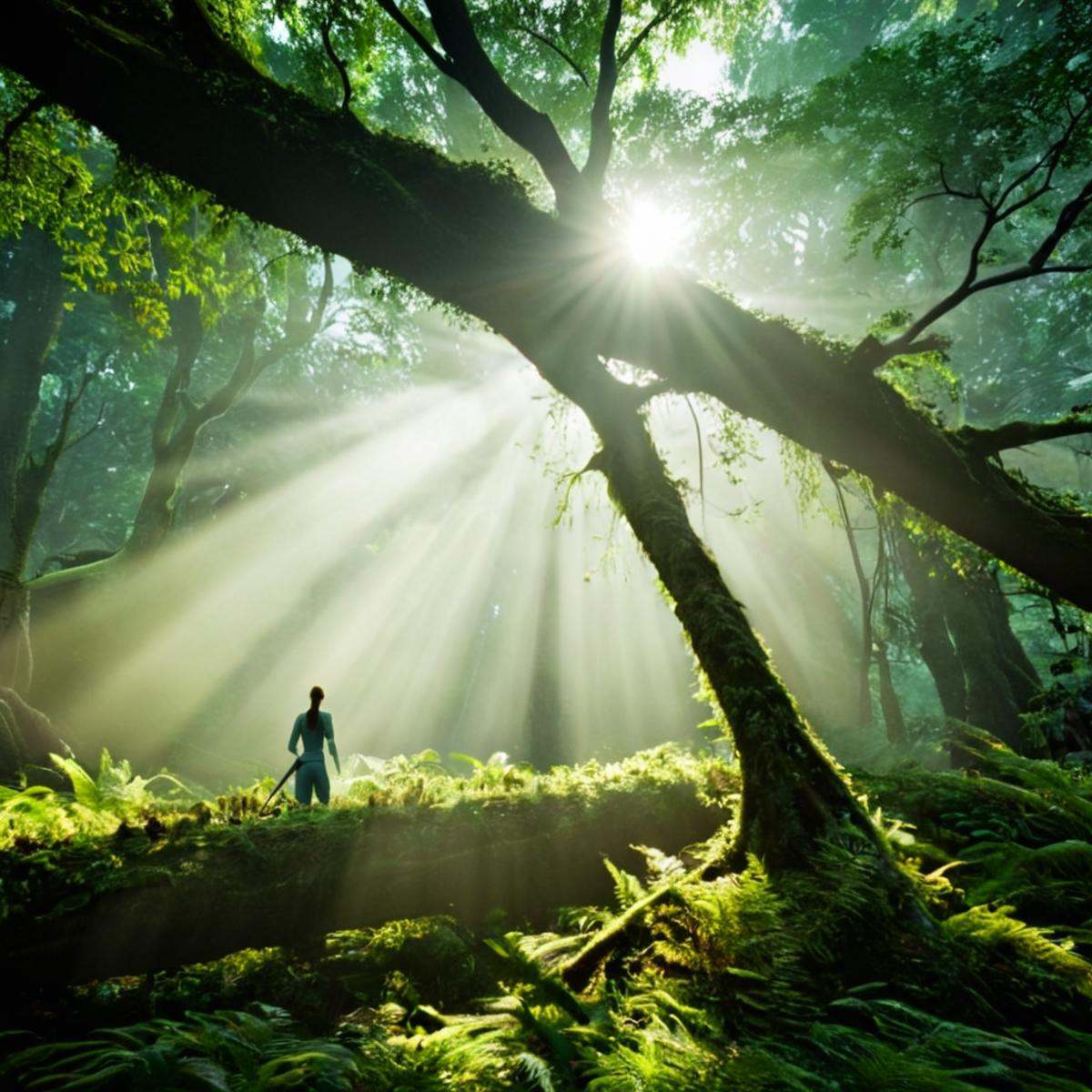 cinematic film still of 1 Chiaroscuro Lighting Style na'vi blue skinIn 2154 on planet Pandora a forest with a tree branch...