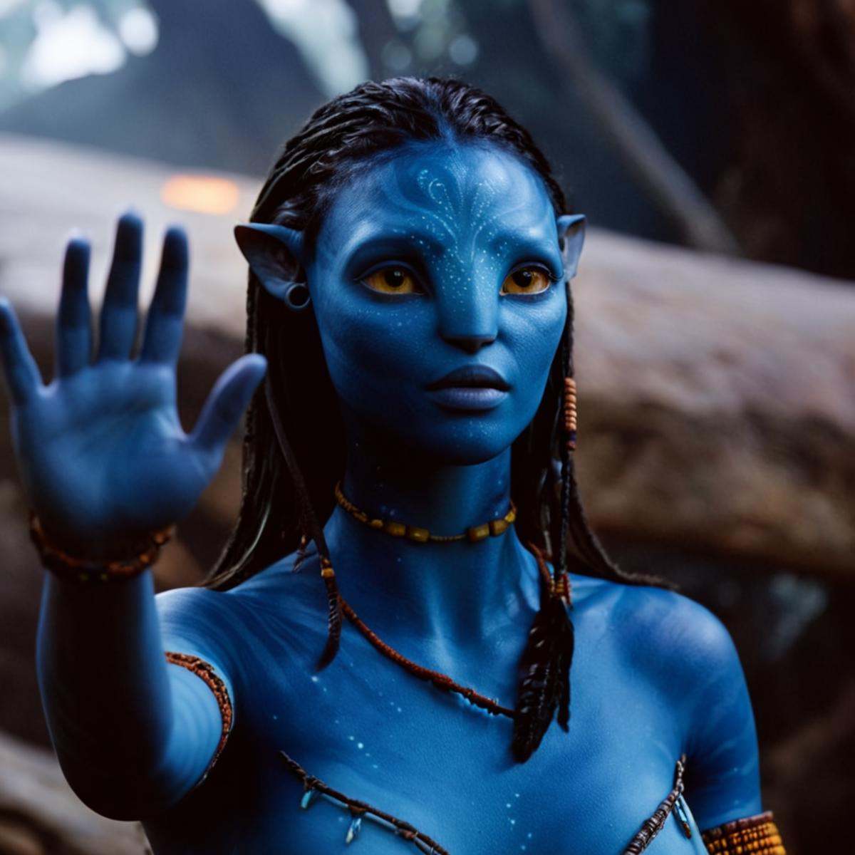 cinematic film still of 1 POV point of view In 2154 on planet Pandora Navi blue skin indigenous species a person with blue...