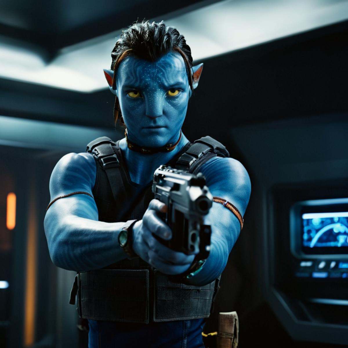 cinematic film still of 1 In 2154 on planet Pandora Navi blue skin indigenous species a man shooting with a gun with fire...